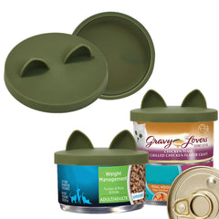 OHMO 2Pack cat food lids camo green closeup—reusable silicone lids for small cans