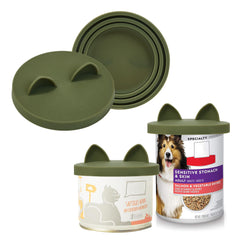 OHMO camo-green can lids closeup; reusable seal for pet food