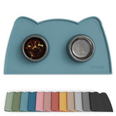 OHMO cat food mat in light blue, top-down view shows raised lip for spill control.