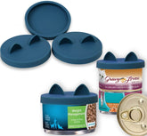OHMO three-pack small cat can lids in dark blue keep contents fresh with reusable silicone seal