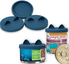 OHMO three-pack small cat can lids in dark blue keep contents fresh with reusable silicone seal