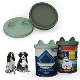 OHMO two-pack pet food can lids in camo and light green provide a snug seal.