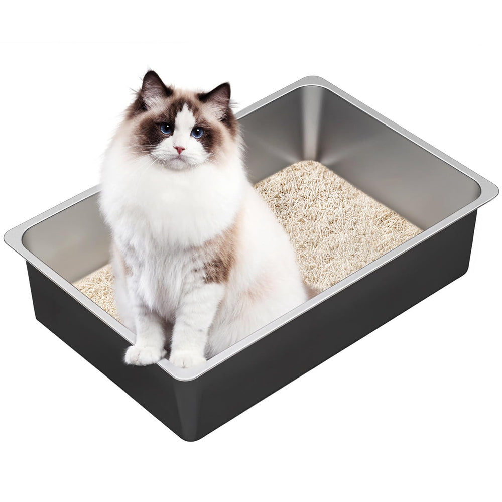 Ohtomber stainless steel litter box front view shows large interior for big cats