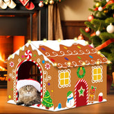Oitnlaughter gingerbread cat house exterior showing festive design for cozy indoor play