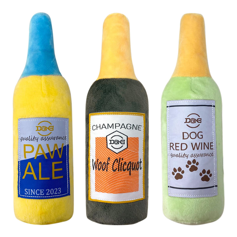 Okegztoa wine-bottle plush squeaky toy engaged during indoor play