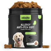 OKKÖBI dog allergy chews bottle close-up for convenient daily use