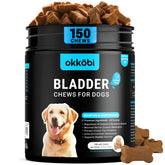 OKKÖBI dog bladder chews packaging shows 150-count bottle for easy daily dosing.