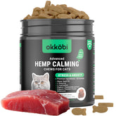 OKKÖBI Hemp Calming Chews for Cats Tuna in tin promote calm during vet visits.