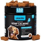 OKKÖBI hemp calming chews bottle-front showing packaging for easy calming relief.