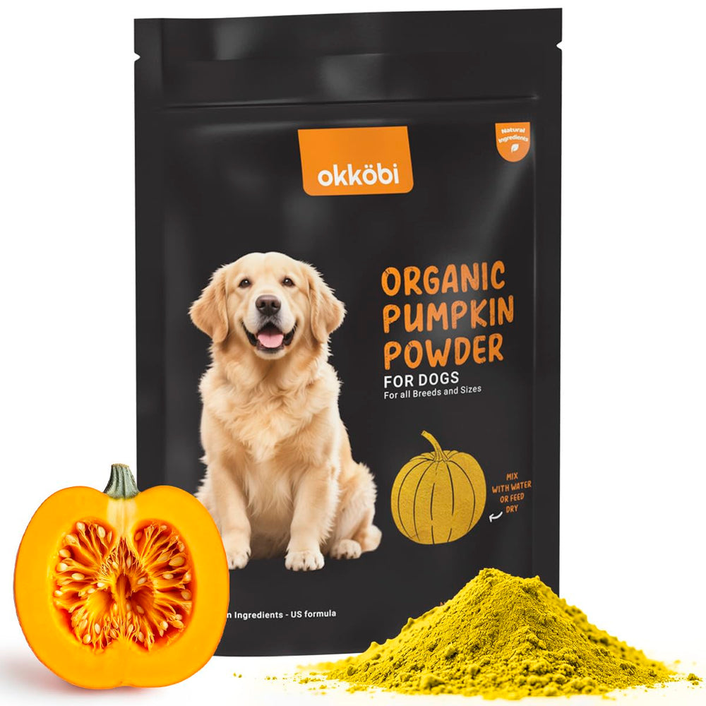 OKKÖBI pumpkin powder bottle showcasing organic formula for pet digestion support.
