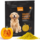 OKKÖBI pumpkin powder bottle showcasing organic formula for pet digestion support.
