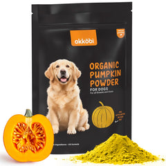 OKKÖBI pumpkin powder bottle showcasing organic formula for pet digestion support.