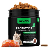 OKKÖBI Probiotics for Cats Chews salmon flavor bottle support healthy digestion and daily comfort.