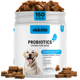 OKKÖBI Probiotics for Dogs Chews packaging showcases digestive-support formula.
