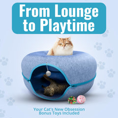 Okoco Cat Tunnel Bed with hanging ball toy adds interactive play