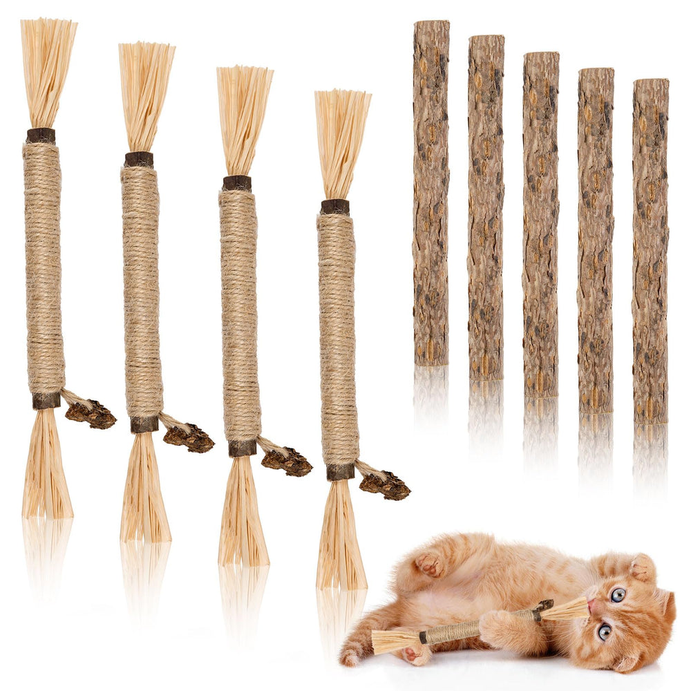 Okxiri silvervine sticks cat toy close-up, supporting dental care during playful chewing.