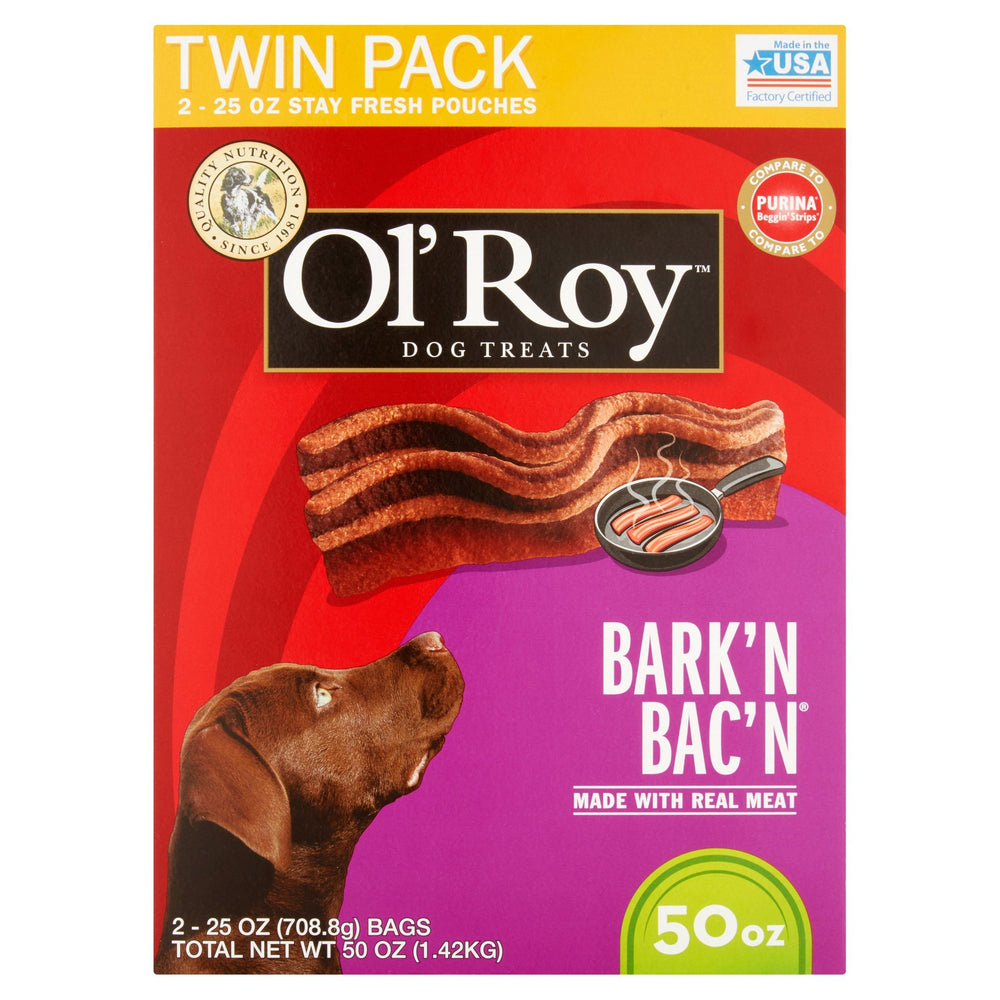 Ol' Roy Bark'n Bac'n dog treats 50oz package with bacon flavor, soft texture ideal for rewards.