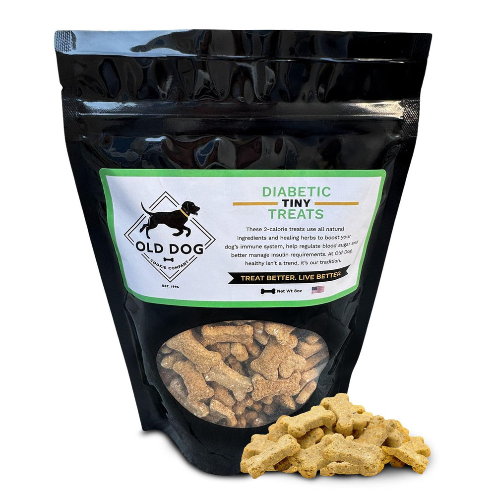 Old Dog Cookie Company tiny diabetic dog treats bag closeup for easy portioning and low calories.