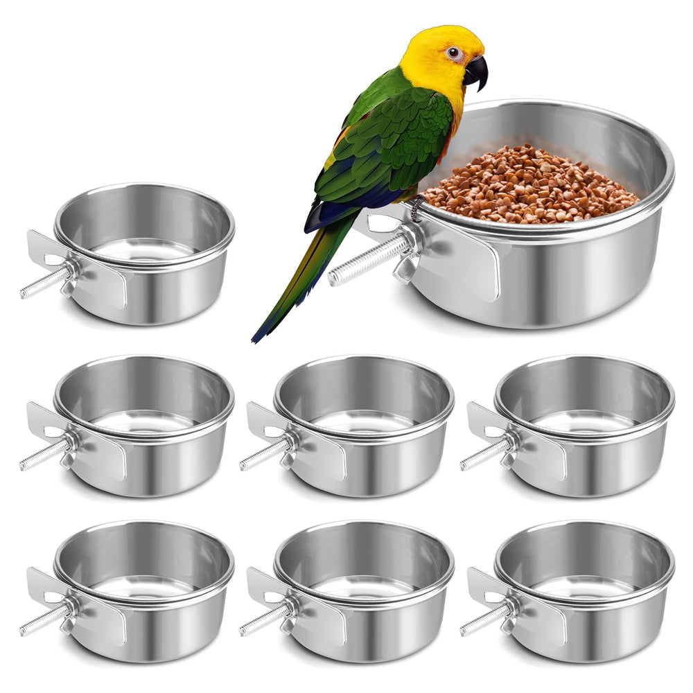 Old Tjikko bird feeder dish brackets attached to a cage for secure feeding.