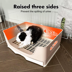 Oleisert rabbit litter box inside cage stable setup with buckle connector.