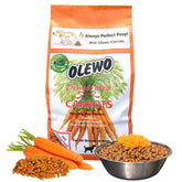 Olewo Original Carrots for Dogs being added to kibble for gut-friendly fiber