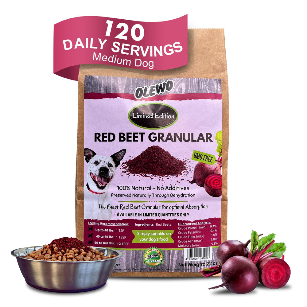 Olewo Red Beets for Dogs Granular packaging signals a natural skin support supplement.