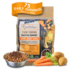 Olewo Rootsies topper in a dog bowl supports sensitive-stomach digestion.