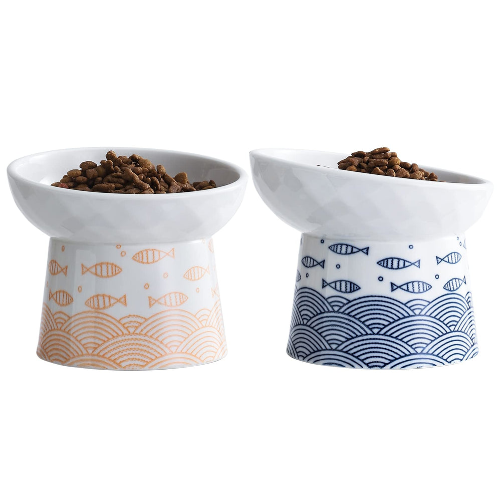 OMAYKEY ceramic raised cat bowls tilt design eases eating and reduces mess