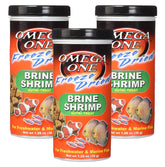 Omega One 3-pack packaging of freeze-dried brine shrimp for convenient feeding.