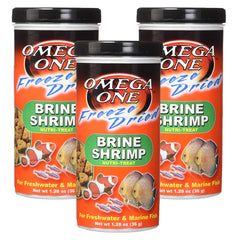Omega One 3-pack packaging of freeze-dried brine shrimp for convenient feeding.