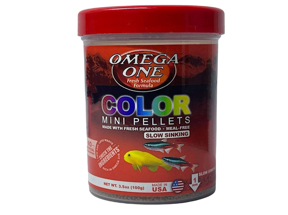 Omega One Color Mini Pellets bottle close-up highlighting color-enhancing nutrition for fish