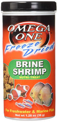 Omega One freeze-dried brine shrimp close-up shows tiny orange morsels.
