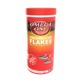 Omega One freshwater flakes bottle closeup shows color and health support