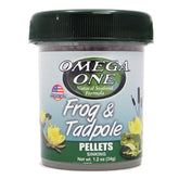 Omega One frog-tadpole pellet bowl showcases natural fats for energy and growth.