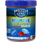 Omega One Marine Mini Pellets with Garlic packaging—fresh seafood sourcing for balanced aquarium nutrition.