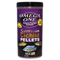 Omega One Sinking Cichlid Pellets bottle shows color-boosting nutrition for vibrant fish.