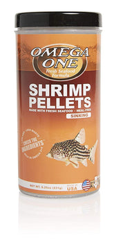 Omega One sinking shrimp pellets close-up showing real shrimp nutrition for vibrant colors.