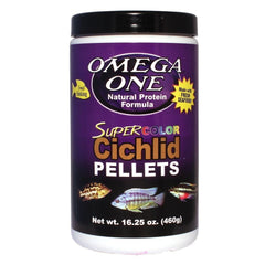 Omega One Super Color Cichlid Pellets 2mm package showing vibrant color nutrition for daily feeding.