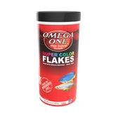 Omega One Super Color Flakes bottle label highlights beta carotene color boost for fish.