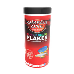 Omega One Super Color Flakes bottle label highlights beta carotene color boost for fish.