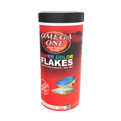 Omega One Super Color Flakes jar closeup highlights omega-rich formula for fish health.