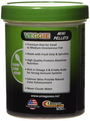 Omega One Veggie Mini Pellets ingredients kelp-spirulina closeup for premium nutrition.