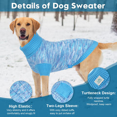 On The Roll blue turtleneck dog sweater back view shows full coverage for cold weather.