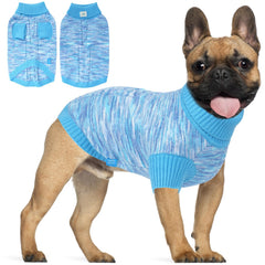 On The Roll blue turtleneck dog sweater front view highlights warmth and style for daily walks.