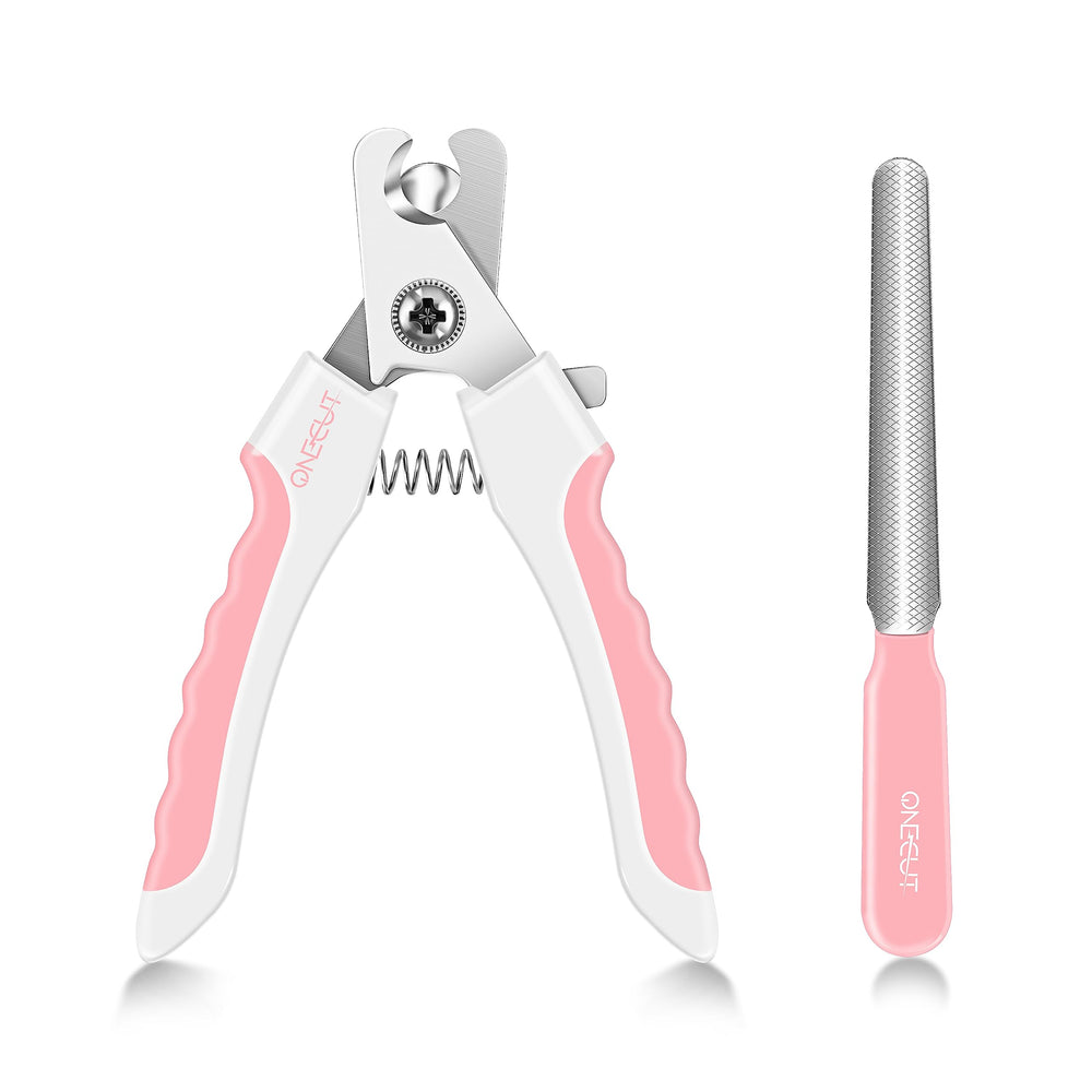 OneCut pink dog nail clippers with guard for safe, precise trimming.