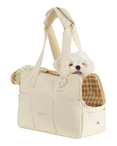 ONECUTE dog purse carrier beige side view with breathable mesh pocket for quick access