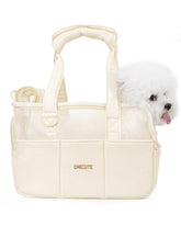 ONECUTE dog purse carrier beige side view highlights breathable cotton fabric for comfortable travel.