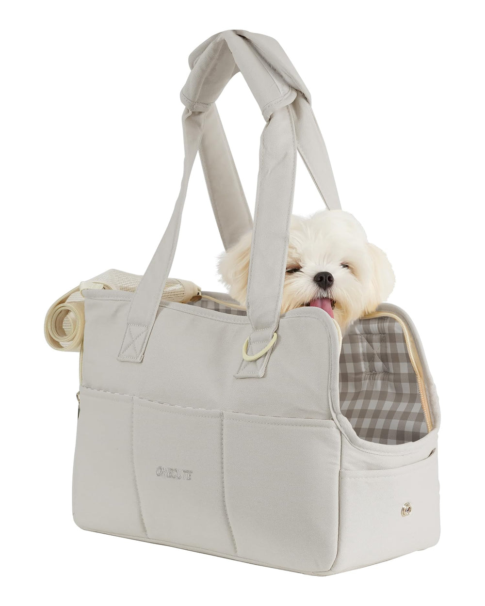 ONECUTE dog purse carrier grey front view shows breathable mesh and sleek travel design.
