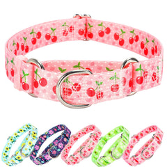 ONEFOJOJO pink cherry martingale collar front view for secure control on walks