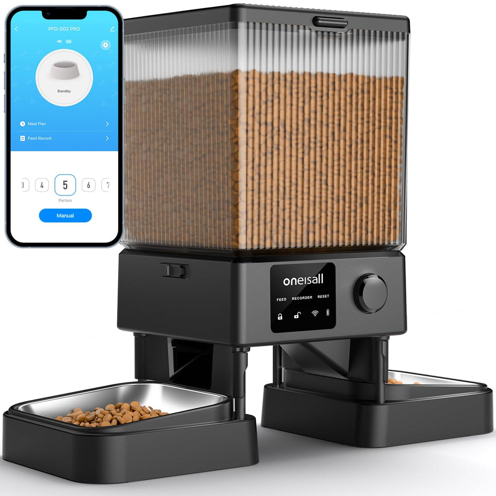 oneisall automatic cat feeder front view with programmable portions for convenient scheduling